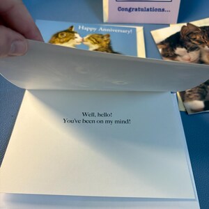 May include: Greeting cards with cat-themed designs. One card features two cats kissing, labeled "Happy Anniversary!". Another card says "Congratulations...". The open card reads "Well, hello! You've been on my mind!"