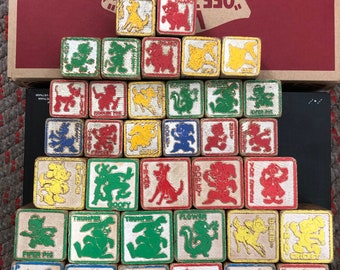 Vintage Disney Wooden Blocks 40s 50s 60s Bambi Lady & Tramp Dumbo Aristocats Ducks Pluto Pinocchio Cricket Goofy Mickey Mouse Walt Toy ABCs