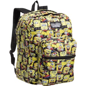 May include: A yellow and black backpack featuring an all-over print of Spongebob Squarepants in various expressions. The bag includes a large main compartment, a smaller front zippered pocket, black shoulder straps, and a rectangular logo patch.