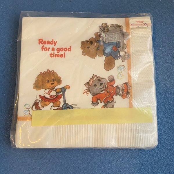 vintage scellé NOS Unused Get Along Gang Serviettes American Greetings 13.5 Pouces Prêt pour un bon temps Dottie Dog Wolf Beaver Scooter Skates