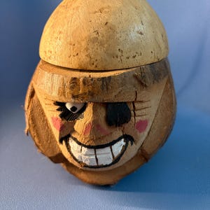 Vintage MCM Tiki Barware Hand Carved Painted Coconut Pirate Head Mid Century Souvenir Collectible Teeth Eye Patch Kitschy Kooky Weird Odd