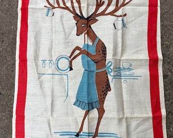 Vintage Dunmoy puur Iers linnen keukentheedoek collectible zeldzame "Be a Deer and Wash up" MCM humoristisch 21 x 32 levendige kleuren halverwege de eeuw