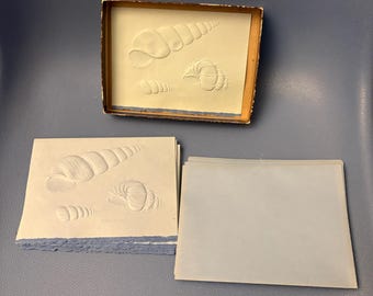 Vintage Unused Box of Curtis Swann Impression of Queen Wentletraps Embossed Blue Cards w/Envelopes Seashells Beach Collage Art Scrapbook