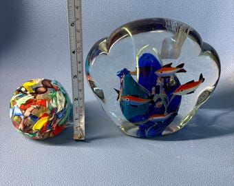Vintage Murano Glass Fish Aquarium Shell Clam Shaped Confetti Scrambled Latticino Ribbon Art Glass Paperweight Collectible Rare Unique