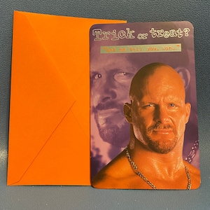 Vintage NOS ongebruikte WWE WWF steen koud Steve Austin Carlton wenskaart Halloween vakantie collectible worstelen zeldzame 3:16 bottom line zei