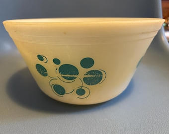 Set di 4 ciotole da miscelazione vintage Federal Glass, modello Atomic Dots, impilabili, in vetro opalino, stile Mid-Century Modern (MCM), colore acquamarina, verde, giallo, rosso, da collezione, rare.