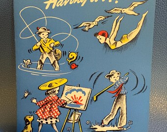 Vintage Unused MCM Greeting Card Having a Wonderful Time USA Travel Souvenir Golf Swim Fishing Great Condition Crafting Collage W/Envelope