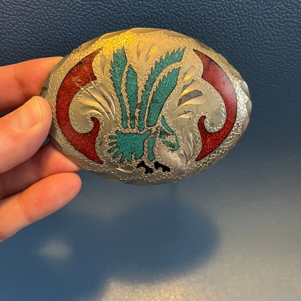 Vintage Native American Handmade Belt Buckle Silver Eagle Bird Turquoise Red Navajo? Souvenir Southwest Southwestern Collectible Cowboy