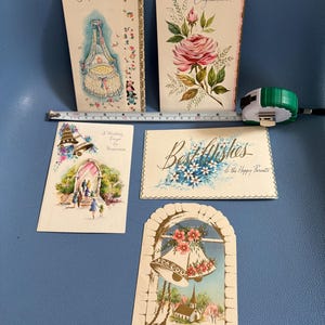 Lot de 5 cartes de voeux religieuses inutilisées vintage Sunshine Line en relief Glitter Set de 5 Félicitations mariage bébé Mid-century modern MCM Collage