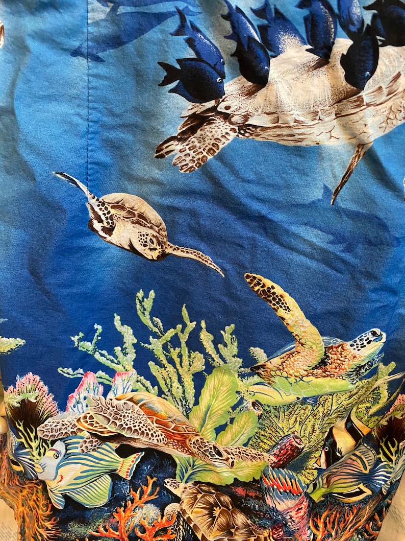 Vintage Ky/'s Hawaiian Dress Shift Blue Turtles Coral Reef 60s 70s 80s Hawaii Sleeveless Knee Length Summer Cute Tropical Swim Straps USA