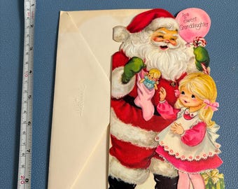 Vintage NOS Unused  Hallmark Greeting Card Christmas Santa Claus Girl Granddaughter Vibrant 25X680-7 Made in USA Collect Ephemera Collage