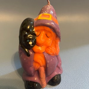 Vintage Unused 1980s 1990s Witch Black Cat Broom Purple Candle Made in Hong Kong Gurley Cute Halloween Collectible Purple Black Orange