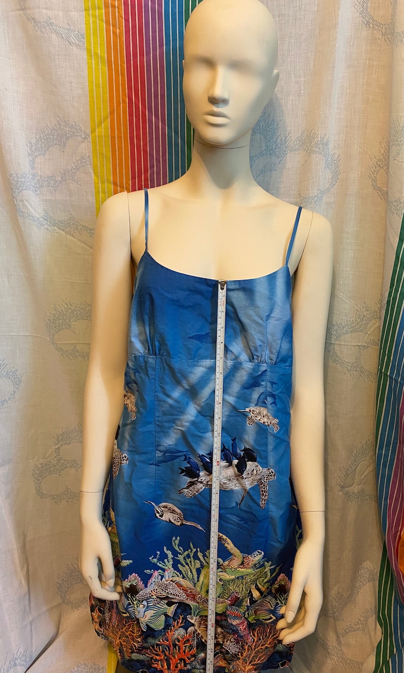 Vintage Ky/'s Hawaiian Dress Shift Blue Turtles Coral Reef 60s 70s 80s Hawaii Sleeveless Knee Length Summer Cute Tropical Swim Straps USA