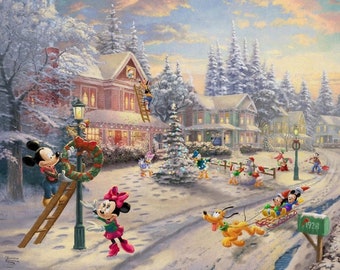 Disney - Mickey and Minnie Victorian Christmas fabric panel - Thomas Kinkade