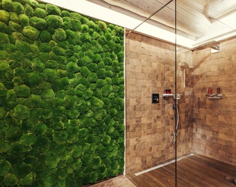 Puede incluir: Un baño moderno con una pared de musgo verde vibrante, una cabina de ducha de cristal y detalles de madera. La ducha cuenta con un cabezal de ducha de lluvia y un suelo de madera. El diseño general crea un ambiente natural y de spa.