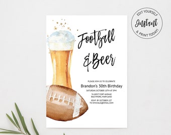 May include: A watercolor invitation with the text "Football & Beer" and "Edit Yourself Instant & Print Today". The invitation features a beer glass, a football, and gold star accents. The invitation is for Brandon's 30th Birthday.