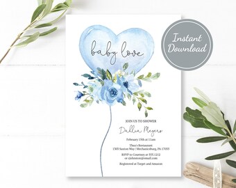 May include: Blue and white baby shower invitation with a blue heart-shaped balloon with the text "baby love" and a floral arrangement. The invitation includes the text "Join us to shower Dallin Meyero" and the date and time of the shower.
