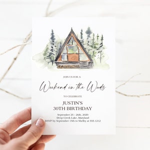Invitación de fin de semana en el bosque, invitación a una cabaña en el bosque, descarga instantánea, e516