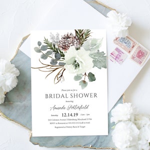 White Floral Bridal Shower Invitation, Winter Bridal Shower  Invitation, Instant Download, Editable Holiday Bridal Shower Invitation, e338