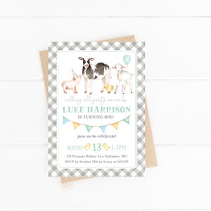 Printable Farm Animals First Birthday Party Invitation, Editable Boy Farm Birthday Party Invitation Template, Instant Download,  L633