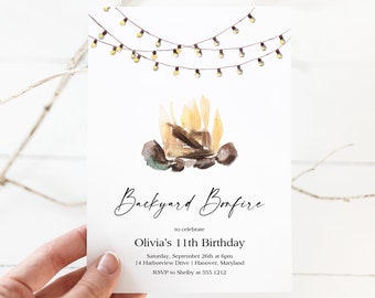 Invitación a fiesta de cumpleaños con fogata, descarga instantánea, editable, invitación a fogata en el patio, invitación a fiesta de cumpleaños de otoño, e510