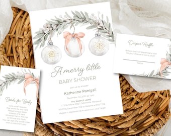 Girl Christmas Baby shower Invitation Bundle, Winter Girl Baby Shower Invitation Package, Pink Holiday Baby Shower Invitation Girl, e566
