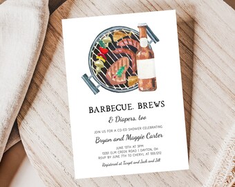 BBQ, Beer and Diaper Baby Shower Invitation, Instant Download, Editable, Barbecue Co-ed Baby Shower Invite, L507