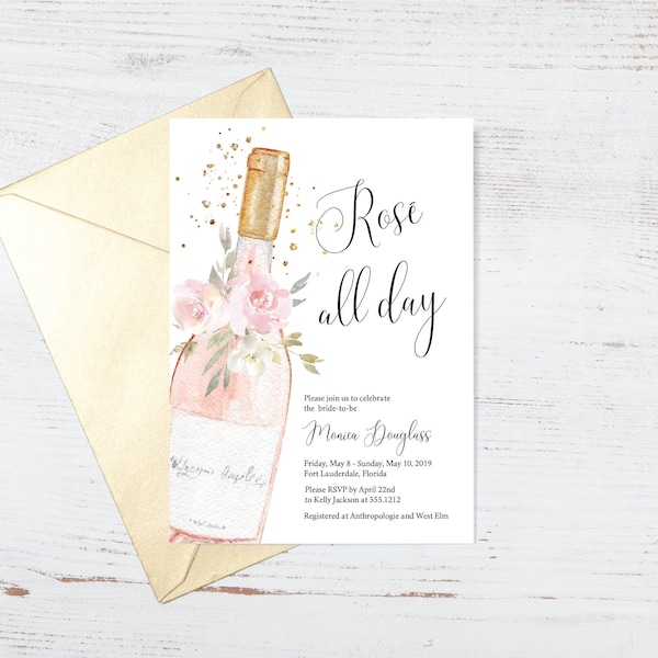 Rose All Day Bridal Shower Invitation, Editable Bridesmaids Luncheon Invite, Champagne Brunch Bridal Shower Invite, INSTANT DOWNLOAD, e574