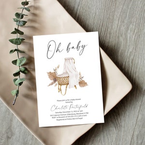 Gender Neutral Baby shower Invitation, Boho Bassinet Baby Shower Invitation, Customizable Digital Invite, Modern Boho Shower, e813