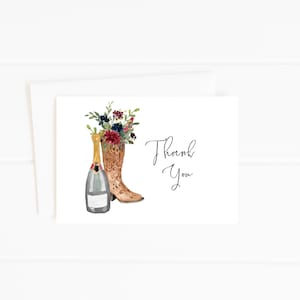 Boots and Bubbly Thank You Card, Country Bridal Shower Notecards, Western Bridal Shower Thank You Card, E368