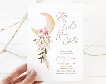 Stay Wild Moon Child Baby Shower Invitation, Moon Stars Invite, Girl Celestial Baby Shower, Boho Baby Shower Invite, Editable Template, E534