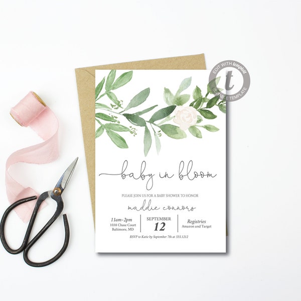 White Baby in Bloom Shower Invitation, Instant Download, Editable, Greenery Baby Shower Invitation, Baby in Bloom Baby Shower, Invite, e188