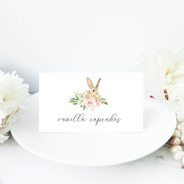 Bunny Place Cards,  INSTANT DOWNLOAD, Editable Template, Templett, Floral Bunny Tented Food Cards, Editable Food Tents, e91