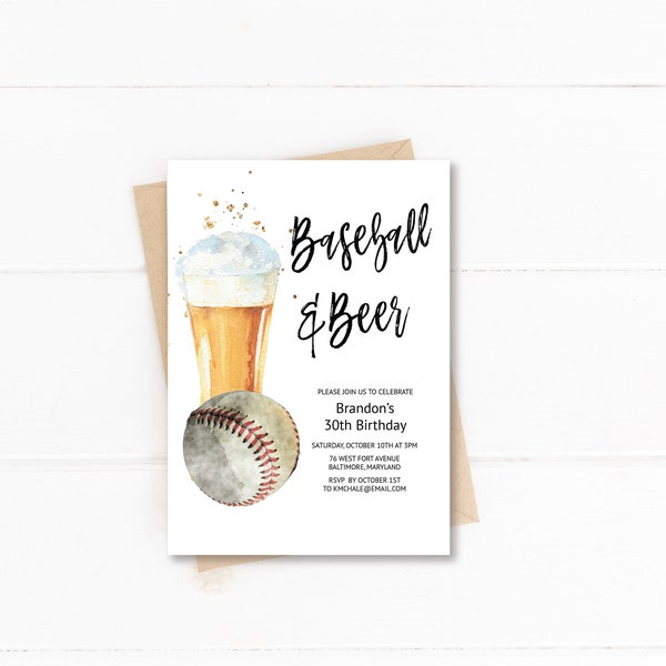 Baseball and Beer Birthday Party Invitation, Male Birthday Party invite,  INSTANT DOWNLOAD, Baseball and Beer Invite, Templett, e512b