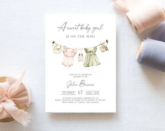 Editable Girl Baby Shower Invitation, Boho Baby Shower Invitation, Templett Instant Download, Girl Baby Clothes Shower Invite, e707