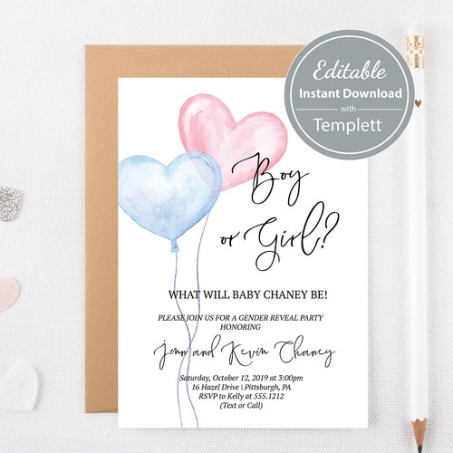 Balloon Gender Reveal Invitation Gender Reveal Party Etsy