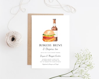 Burgers, Brews and Diapers Baby Shower Invitation, Instant Download, Editable, Co-ed Baby Shower Invite, L507