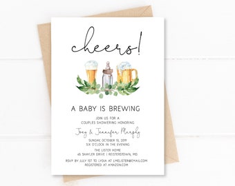 May include: A white card with a black and white illustration of two beer mugs and a baby bottle with green leaves. The text "cheers!" is at the top of the card. The text "A baby is brewing" is below the illustration. The text "Join us for a couples showering honoring Joey & Jennifer Murphy" is below the text "A baby is brewing". The text "Sunday October 10, 2009 Six o'clock in the evening The Lister Home 45 Shayler Drive | Reisterstown, MD RSVP by July 1st to Lydia at lmelister@email.com Registered at amazon.com" is below the text "Joey & Jennifer Murphy".