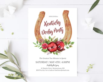 May include: A rectangular invitation card featuring a watercolor horseshoe and red roses. The text reads: Join us for a Kentucky Derby Party, The Greatest Two Minutes in Sports, Saturday May 4th 4:00PM, Hosted by the Lyons, 45 Shayler Drive, Reisterstown, MD.