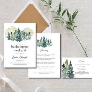 Mountain Glamping Bachelorette Party Invitation Template, Weekend in the woods Bachelorette Weekend Itinerary template,  E263