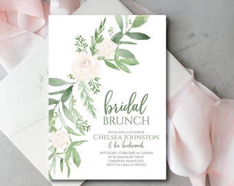 White Floral Bridal Brunch Invitation, Instant Download, Editable Bridesmaids Luncheon Invite, White Roses Bridal Brunch Invite, e125