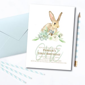 Boy Bunny First Birthday Party Invitation for a boy, Instant Download, Editable, A little Bunny Birthday Party invitation, e68