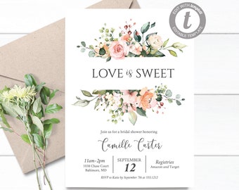 Love is Sweet Bridal Shower Invitation, Editable Bridal Shower Invite,  Roses Bridal Brunch Shower Invite, INSTANT DOWNLOAD, e167