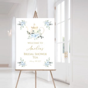 Blue Bridal Shower Tea Party Welcome Sign,  Printable Bridal Shower Sign, Editable Baby Tea party Sign, Instant Download, L562