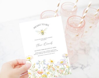 Boho Bee Bridal Shower Invitation, Self-editing Floral Meant to Bee Bridal Shower Invitation, Bee Wildlflower Shower Digital Evite