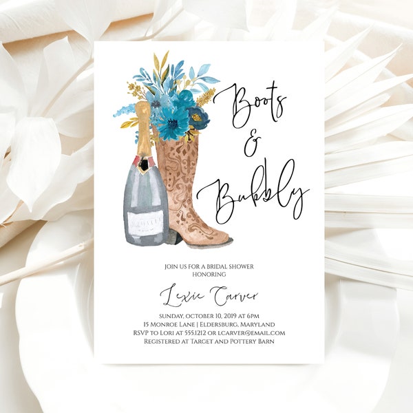 Boots and Bubbly Invitation, Country Bridal Shower Invitation, Teal Boots Bridal Shower Invite, Western Bridal Shower Invitation, E368t