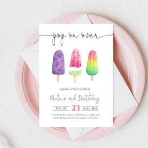 Popsicle Birthday Party Invitation, Summer Birthday Party Invitation, Girl Birthday Invitation, Pop on Over Invite