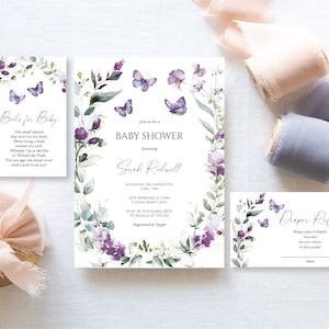 Purple Butterfly Baby Shower Invitation, Editable Butterfly Baby Shower Invitation Bundle, Templett Instant Download, e732