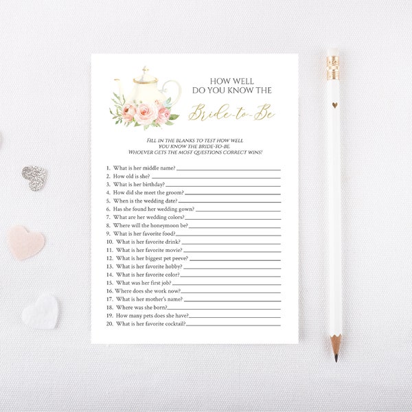 How well do you know the bride Game, Tea Party Bridal Shower Game Template, Editable Tea Pot Bridal Game, Instant Download, Templett, L562