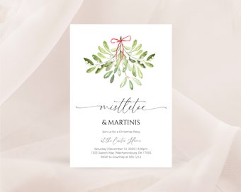 Op de afbeelding: Een witte uitnodigingskaart met een aquarel-illustratie van een tak mistel met rood lint. De tekst luidt "mistletoe & MARTINIS Join us for a Christmas Party at the Carter Home Saturday | December 12, 2020 | 3:00pm 1303 Saxton Way | Mechanicsburg, PA 17055 RSVP to Courtney at 555.1212"